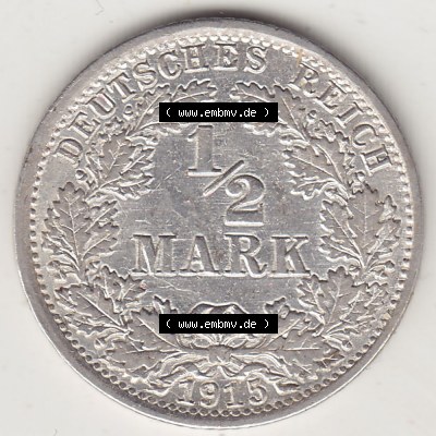 Münzen Deutschland 1871-1918 Kaiserreich Silbermünze 1905-1919, 1/2 Mark A 1915. Rückseite einer Münze aus dem Deutschen Kaiserreich... Sammlung