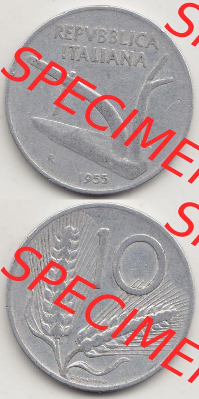 Münzen Italien / Italia Eurovorläufer, Umlaufmünze vor Euroeinführung 1951-2001, 10 Lire 1955-1. Vorderseite und Rückseite Vertikal Untereinander,... Sammlung
