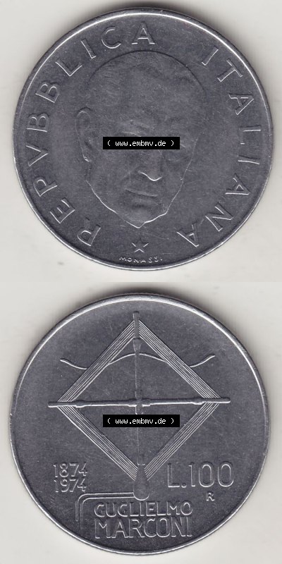 Münzen Italien / Italia Eurovorläufer, Gedenkmünze vor Euroeinführung 1974-1974, 100 Lire, 100. Geburtstag von Guglielmo Marconi... Sammlung