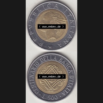 Münzen Italien / Italia Eurovorläufer, Gedenkmünze vor Euroeinführung 1993-1993, 500 Lire, 100 Jahre Bank von Italien (1893-1993), CENTENARIO DELLA... Sammlung