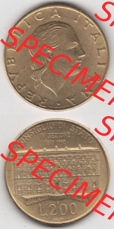 Münzen Italien / Italia Eurovorläufer, Gedenkmünze vor Euroeinführung 1990-1990, 200 Lire Gründung von Staatsrat. Rückseite und Vorderseite vertikal... Sammlung