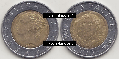Münzen Italien / Italia Eurovorläufer, Gedenkmünze vor Euroeinführung 1994-1994, 500 Lire, 500. Geburtstag von Luca Pacioli... Sammlung