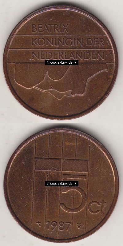 Münzen Niederlande / Netherlands Eurovorläufer, Umlaufmünze vor Euroeinführung 1982-2001, 5 Ct Cent 1987 Königin Beatrix... Sammlung