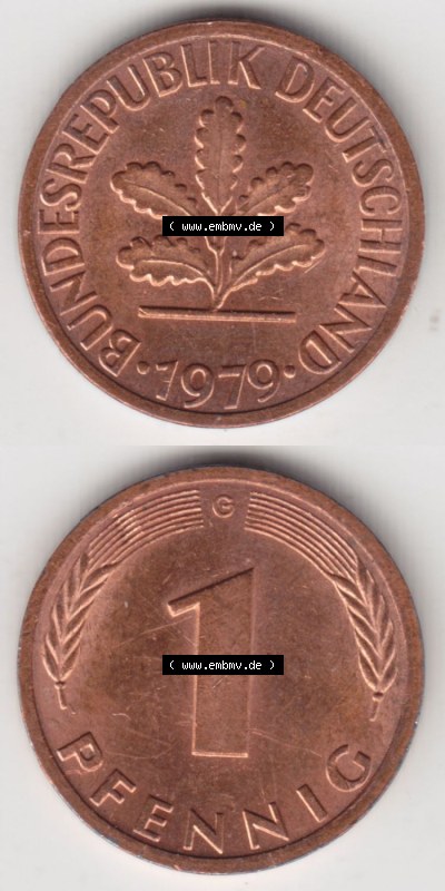 Münzen Deutschland 1 Pfennig-Deutsche Mark 1950-2001, 1 Pfennig 1979 G. Vorderseite und Rückseite in vertikaler Ansicht, einer... Sammlung