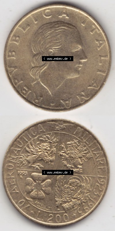Münzen Italien / Italia Eurovorläufer, Gedenkmünze vor Euroeinführung 1993-1993, 200 Lire Militärischen Luftfahrt. Rückseite... Sammlung