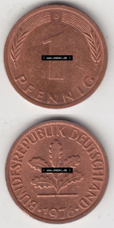 Münzen Deutschland 1 Pfennig-Deutsche Mark 1950-2001, 1 Pfennig 1976 D. Bildmaterial mit Rückseite und Vorderseite in vertikaler... Sammlung