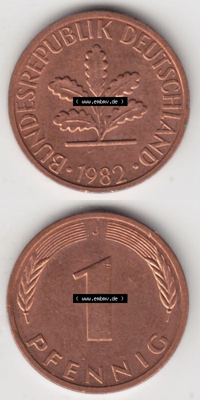 Münzen Deutschland 1 Pfennig-Deutsche Mark 1950-2001, 1 Pfennig 1982 J. Vorderseite und Rückseite in vertikaler Ansicht, einer... Sammlung