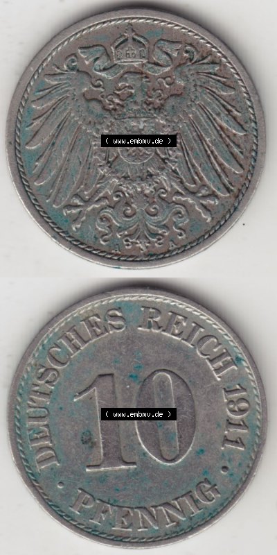 Münzen Deutschland 1871-1918 Kaiserreich 1890-1916, 10 Pfennig A, 1911 (4) Sammlung