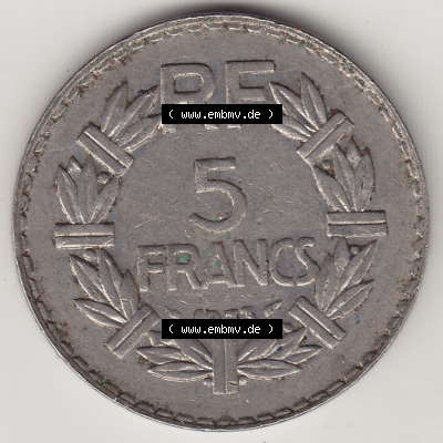 Münzen Frankreich Eurovorläufer, Umlaufmünze vor Euroeinführung 1933-1938, 5 Franken - Francs RF 1933. Rückseite einer Münze... Sammlung
