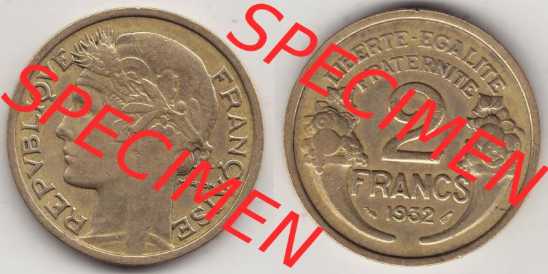 Alte Münzen Frankreich, Kursmünzensatz Zeitraum 1917-1952, der Münze 1931-1941, 2 Franken, Francs, 1932-1. Rückseite und Vorderseite horizontal... Sammlung