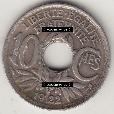 Rückseite einer 10 Cmes / Centimes / Cent Münze aus Frankreich in Europa Sammlung