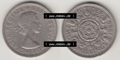Münzen Großbritannien Eurovorläufer, Umlaufmünze vor Euroeinführung 1954-1970, 2 Schilling - Shillings 1966 (Stück 3). Vorderseite... Sammlung