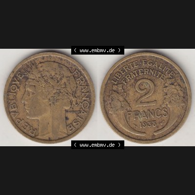 Münzen Frankreich Eurovorläufer, Umlaufmünze vor Euroeinführung 1931-1941, 2 Franken 1938-2 LIBERTE EGALITE FRATERNITE. Rückseite und Vorderseite horizontal... Sammlung