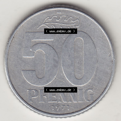 Münzen Deutschland DDR 1958-1990, A 50 Pfennig 1971 (Stück 3) der DDR-Mark. Rückseite einer 50 Pfennig Münze / Umlaufmünze... Sammlung