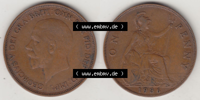 Münzen Großbritannien Eurovorläufer, Umlaufmünze vor Euroeinführung 1928-1936, 1 One Penny, 1936 (Stück 1), George V. BM... Sammlung