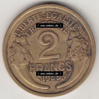 Münzen Frankreich Eurovorläufer, Umlaufmünze vor Euroeinführung 1931-1941, 2 Franken 1939-1 LIBERTE EGALITE FRATERNITE. Rückseite einer Münze aus Frankreich... Sammlung