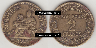 Münzen Frankreich Eurovorläufer, Umlaufmünze vor Euroeinführung 1920-1927, 2 Franken 1925 (Stück 1), BON POUR 2 FRANCS CHAMBRES... Sammlung