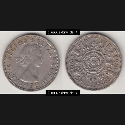 Münzen Großbritannien Eurovorläufer, Umlaufmünze vor Euroeinführung 1954-1970, 2 Schilling - Shillings 1963-1. Vorderseite und Rückseite horizontal nebeneinander... Sammlung