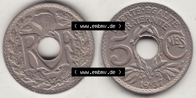 Alte Münzen Frankreich, Kursmünzensatz Zeitraum 1917-1952, der Münze 1920-1938, 5 Cmes, Centimes 1937 (Stück 1). Rückseite... Sammlung