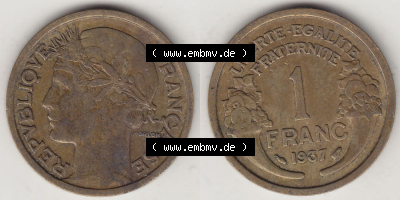 Münzen Frankreich Eurovorläufer, Umlaufmünze vor Euroeinführung 1931-1941, 1 Franken, 1 Franc, 1937 (Stück 1) LIBERTE EGALITE... Sammlung