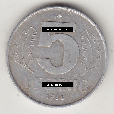 Münzen Deutschland DDR 1968-1990, A 5 Pfennig 1968-3. Rückseite einer Münze aus der ehemaligen DDR in Europa als Digitales Bild / Bildmaterial zum Herunterladen für... Sammlung