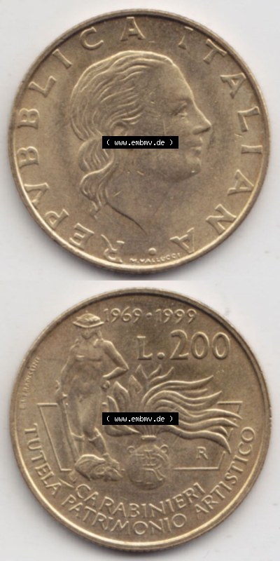 Münzen Italien / Italia Eurovorläufer, Gedenkmünze vor Euroeinführung 1999-1999, 200 Lire Carabinieri, Schutz der Kunsterbe.... Sammlung