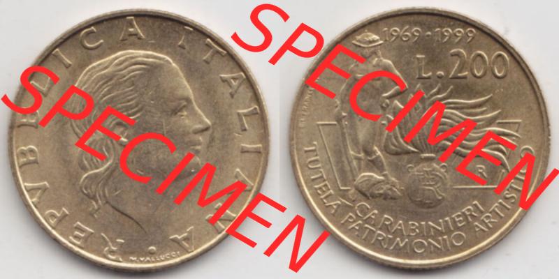 Münzen Italien / Italia Eurovorläufer, Gedenkmünze vor Euroeinführung 1999-1999, 200 Lire Carabinieri, Schutz der Kunsterbe. Rückseite und Vorderseite... Sammlung