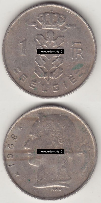 Münzen Belgien Eurovorläufer, Umlaufmünze vor Euroeinführung 1950-1988, 1 FR-Franken 1968 België. Vorderseite und Rückseite... Sammlung