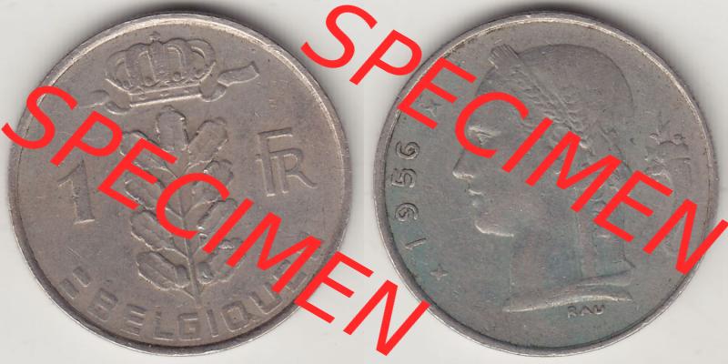 Münzen Belgien Eurovorläufer, Umlaufmünze vor Euroeinführung 1950-1988, 1 FR-Franken 1956 Belgique. Vorderseite und Rückseite Nebeneinander einer Münze... Sammlung
