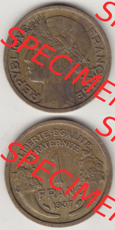 Münzen Frankreich Eurovorläufer, Umlaufmünze vor Euroeinführung 1931-1941, 1 Franken, 1 Franc, 1937-1 LIBERTE EGALITE FRATERNITE. Rückseite und Vorderseite... Sammlung