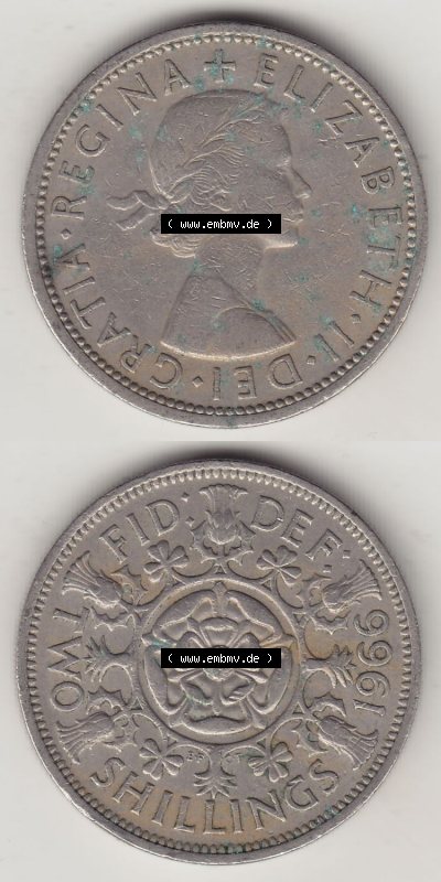 Münzen Großbritannien Eurovorläufer, Umlaufmünze vor Euroeinführung 1954-1970, 2 Schilling - Shillings 1966 (Stück 5). Vorderseite... Sammlung