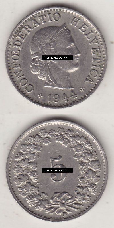 Münzen Schweiz Eurovorläufer, Umlaufmünze 1879-1980, 5 Rappen 1944 Helvetica (4) Sammlung