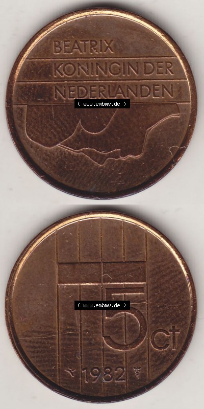Münzen Niederlande / Netherlands Eurovorläufer, Umlaufmünze vor Euroeinführung 1982-2001, 5 Cent 1982, Königin Beatrix (4) Sammlung