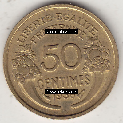Alte Münzen Frankreich, Kursmünzensatz Zeitraum 1917-1952, der Münze 1931-1947, 50 Centimes, 1938 (Stück 1). Rückseite einer... Sammlung