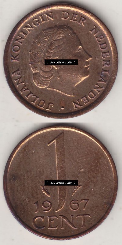 Münzen Niederlande / Netherlands Eurovorläufer, Umlaufmünze vor Euroeinführung 1950-1980, 1 Cent 1967 Königin Juliana, alte... Sammlung