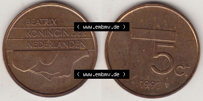 Münzen Niederlande / Netherlands Eurovorläufer, Umlaufmünze vor Euroeinführung 1982-2001, 5 Ct Cent 1991 (Stück 3) Königin... Sammlung