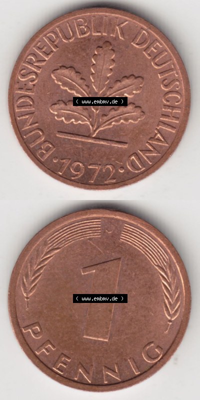 Münzen Deutschland 1 Pfennig-Deutsche Mark 1950-2001, 1 Pfennig 1972 J. Vorderseite und Rückseite in vertikaler Ansicht, einer... Sammlung