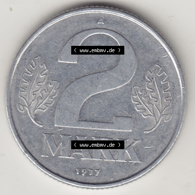 Münzen Deutschland DDR 1972-1990, A 2 Mark 1977. Rückseite einer 2 Mark Münze / Umlaufmünze aus Deutschland der ehemaligen... Sammlung