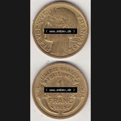 Alte Münzen Frankreich, Kursmünzensatz Zeitraum 1917-1952, der Münze 1931-1941, 1 Franken, Franc, 1939. Rückseite und Vorderseite vertikal untereinander... Sammlung