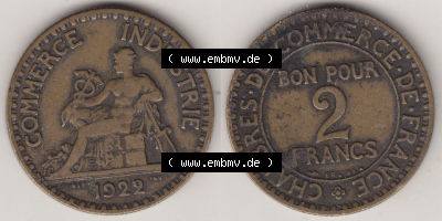 Münzen Frankreich Eurovorläufer, Umlaufmünze vor Euroeinführung 1920-1927, 2 Francs - Franken 1922 (Stück 2). Vorderseite... Sammlung