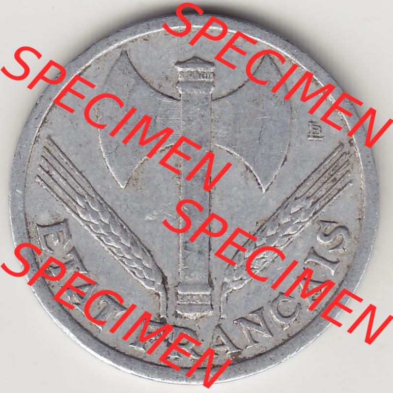 Münzen Frankreich Eurovorläufer, Umlaufmünze vor Euroeinführung 1942-1944, 1 Franken - Francs 1943-2. Vorderseite einer Münze aus Europa als Digitales Bild /... Sammlung