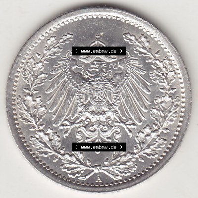 Münzen Deutschland 1871-1918 Kaiserreich Silbermünze 1905-1919, 1/2 Mark A 1916. Vorderseite einer Münze aus dem deutschen... Sammlung