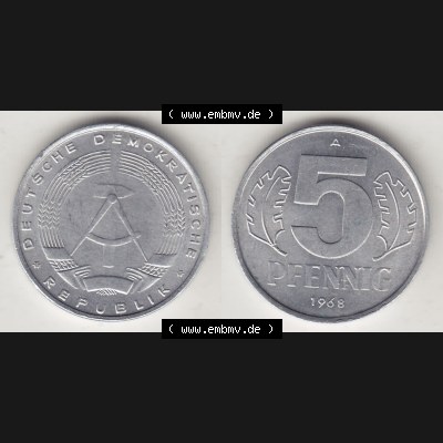 Münzen Deutschland DDR 1968-1990, A 5 Pfennig 1968-6. Vorderseite und Rückseite einer Münze auf einen Bild, einer 5 Pfennig Münze der ehemaligen DDR in Europa als... Sammlung