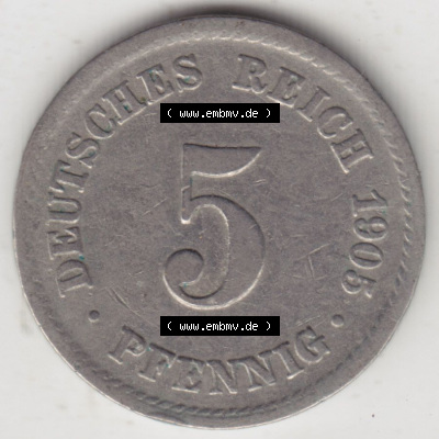 Münzen Deutschland 1871-1918 Kaiserreich 1890-1915, 5 Pfennig A, 1905 (1) Sammlung