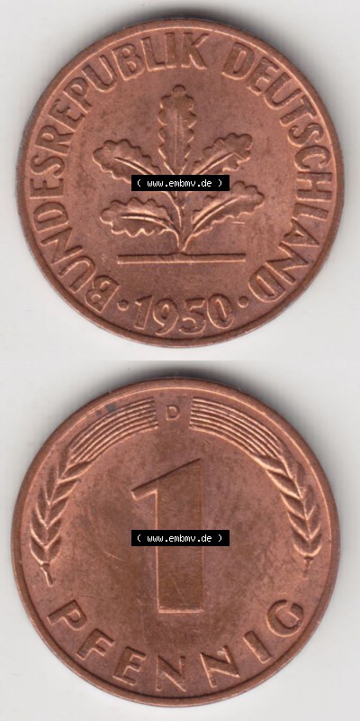 Münzen Deutschland 1 Pfennig-Deutsche Mark 1950-2001, 1 Pfennig 1950 D. Vorderseite und Rückseite in vertikaler Ansicht, einer... Sammlung