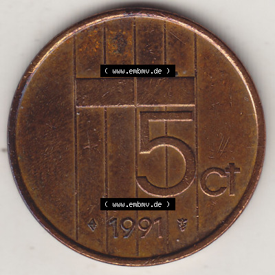 Münzen Niederlande / Netherlands Eurovorläufer, Umlaufmünze vor Euroeinführung 1982-2001, 5 Ct Cent 1991 (Stück 2) Königin... Sammlung
