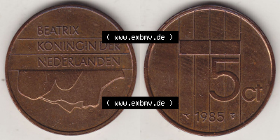 Münzen Niederlande / Netherlands Eurovorläufer, Umlaufmünze vor Euroeinführung 1982-2001, 5 Ct Cent 1985 Königin Beatrix... Sammlung