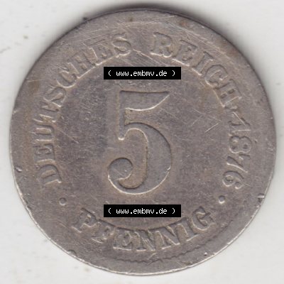 Münzen Deutschland 1871-1918 Kaiserreich 1874-1889, 5 Pfennig J, 1876 (1) Sammlung