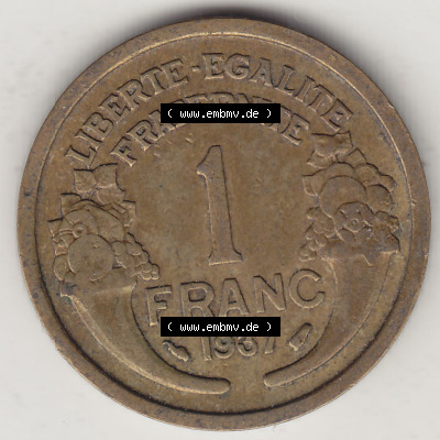 Münzen Frankreich Eurovorläufer, Umlaufmünze vor Euroeinführung 1931-1941, 1 Franken, 1 Franc, 1937 (Stück 1) LIBERTE EGALITE... Sammlung