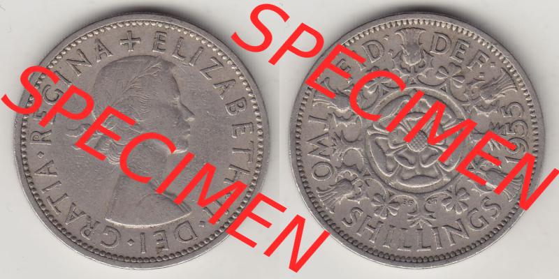 Münzen Großbritannien Eurovorläufer, Umlaufmünze vor Euroeinführung 1954-1970, 2 Schilling - Shillings 1955-1. Vorderseite und Rückseite horizontal nebeneinander... Sammlung